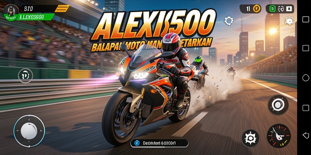 Tampilan gameplay seru ALEXIS500 dengan balapan motor mendebarkan.