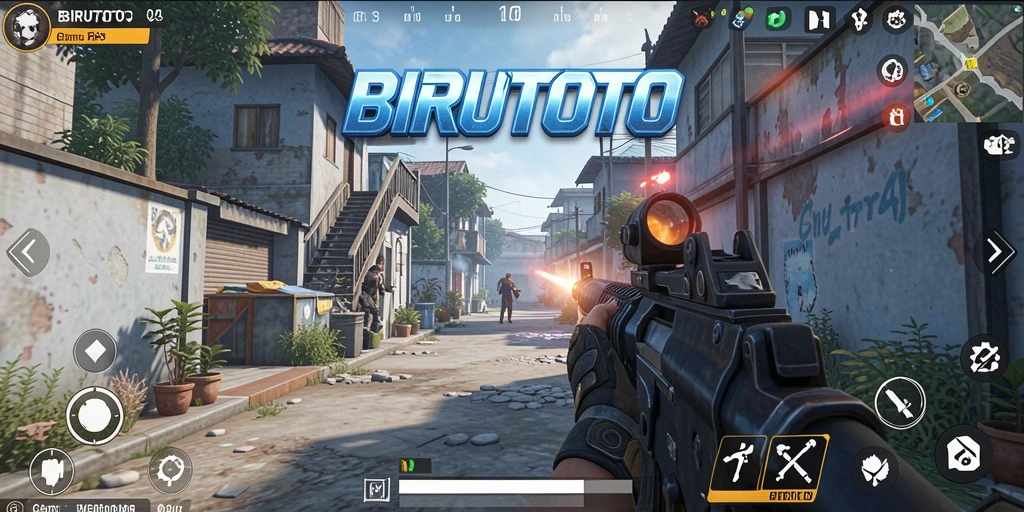 Tampilan gameplay BIRUTOTO menampilkan aksi tembak-menembak yang kencang.