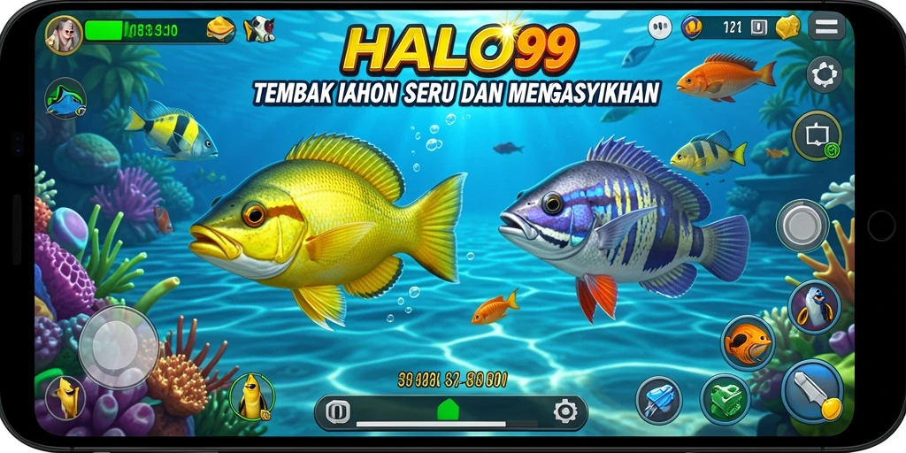 Screenshot gameplay HALO99 menampilkan keseruan saat menangkap ikan.