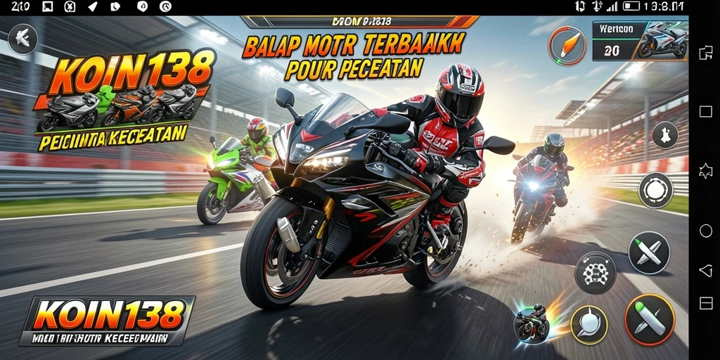 Screenshot gameplay KOIN138 menampilkan balapan motor yang mendebarkan.