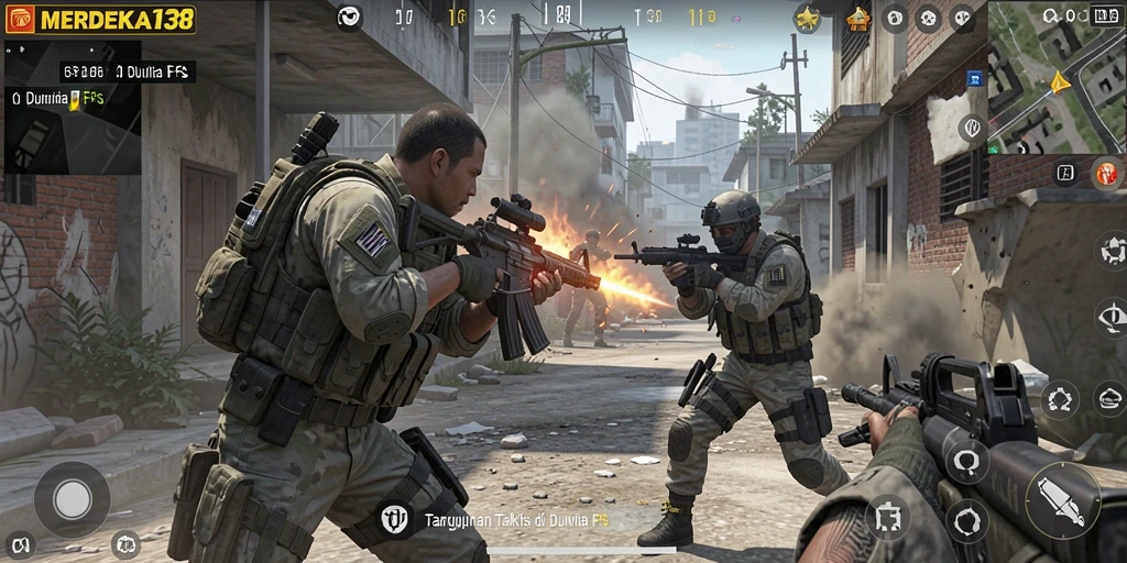 Tampilan gameplay mendebarkan dalam MERDEKA138 dengan aksi FPS yang intens.
