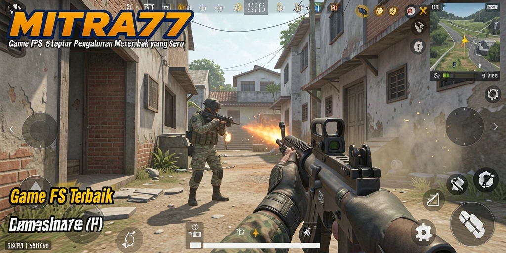 Screenshot utama MITRA77 menampilkan aksi seru dalam gameplay FPS.