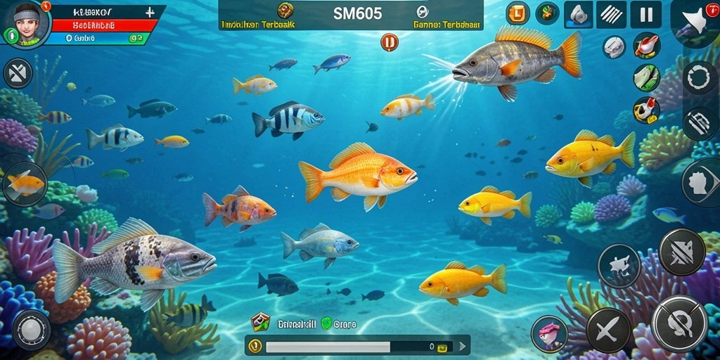 Tampilan gameplay SM605 dengan aksi tembak ikan yang seru.