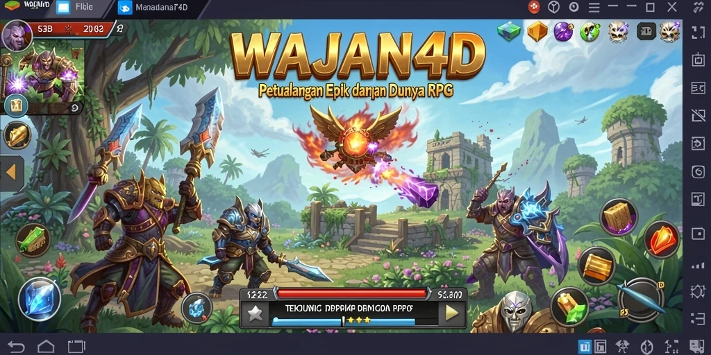 Screenshot gameplay WAJAN4D dengan berbagai karakter yang beraksi dalam pertempuran.