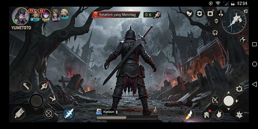 Tampilan gameplay yang menegangkan dalam YUMETOTO dengan suasana gelap.